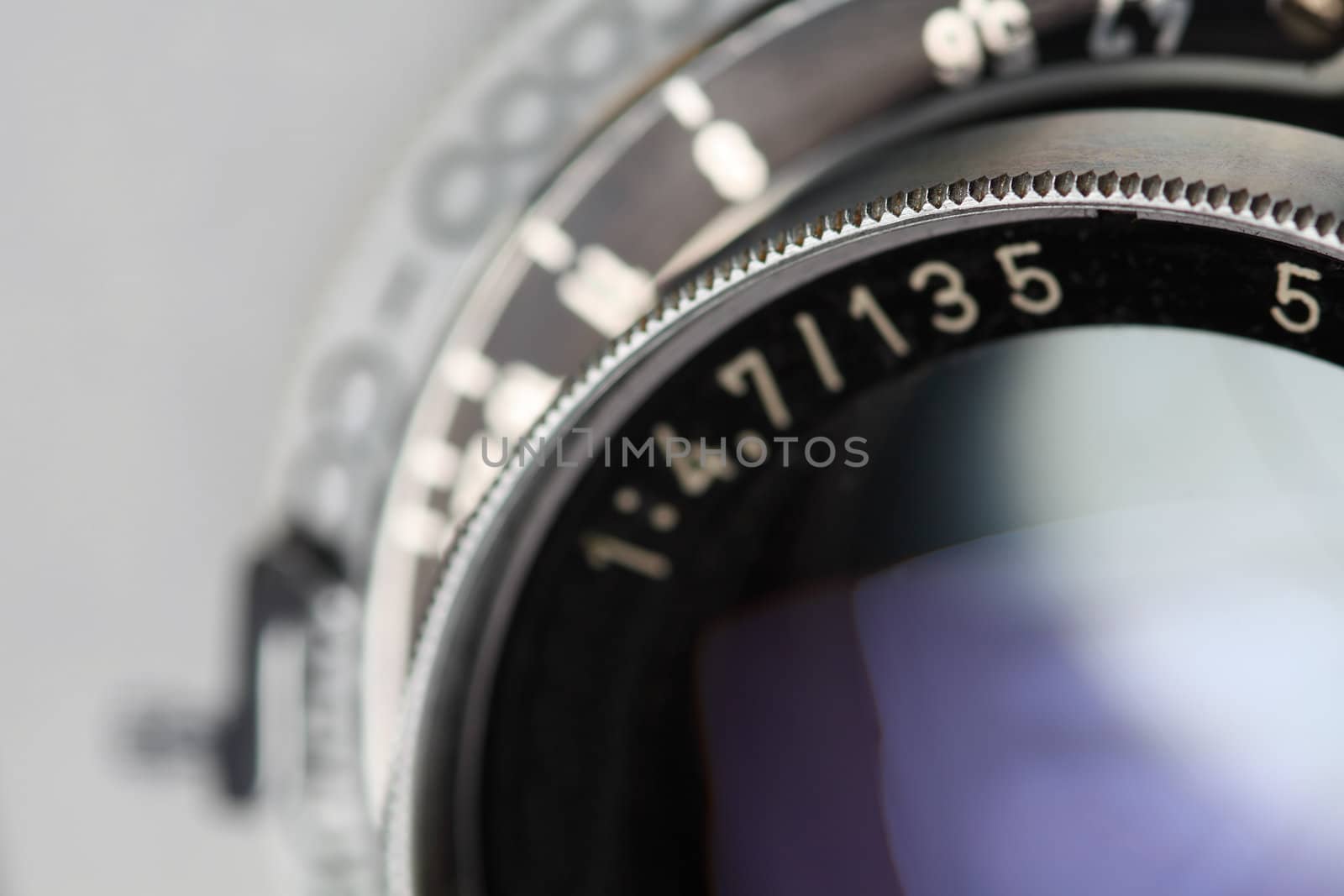 Macro photo of the lens of an antique 4x6 camera. Shallow depth of field.
