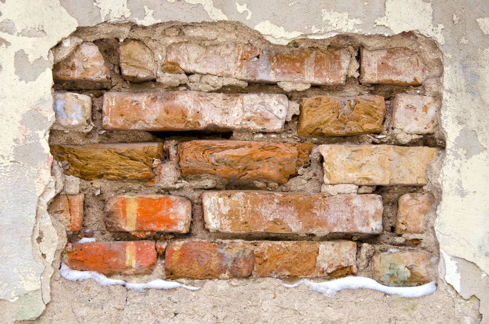 background of dirty old crumbling brick wall. old architecture building closeup.