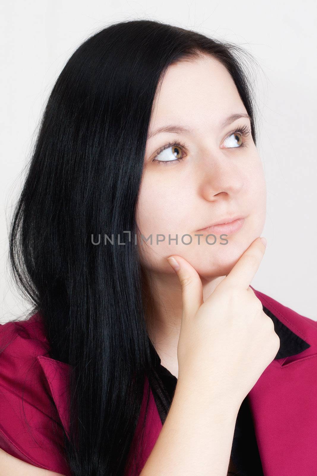 Black Haired Businesswoman is thinking on white background