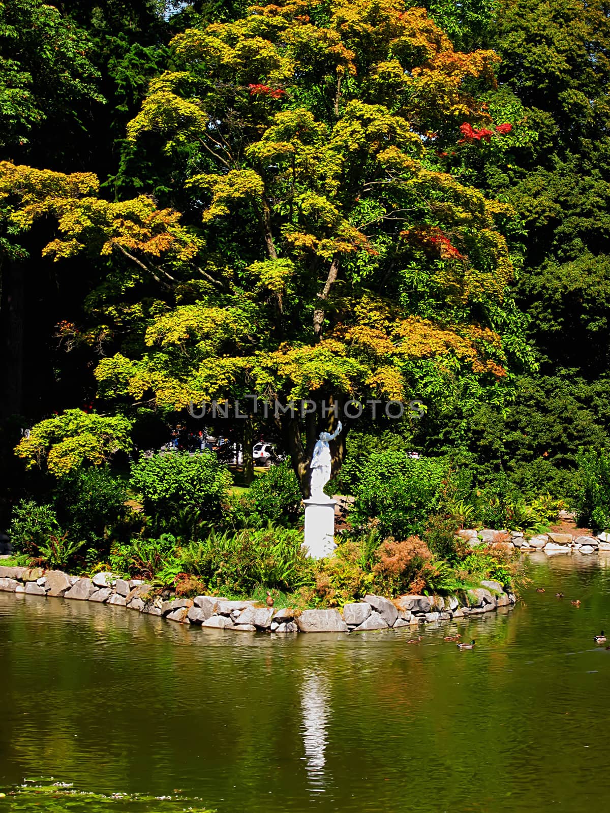 A photograph of a statue at a lake in a public park.