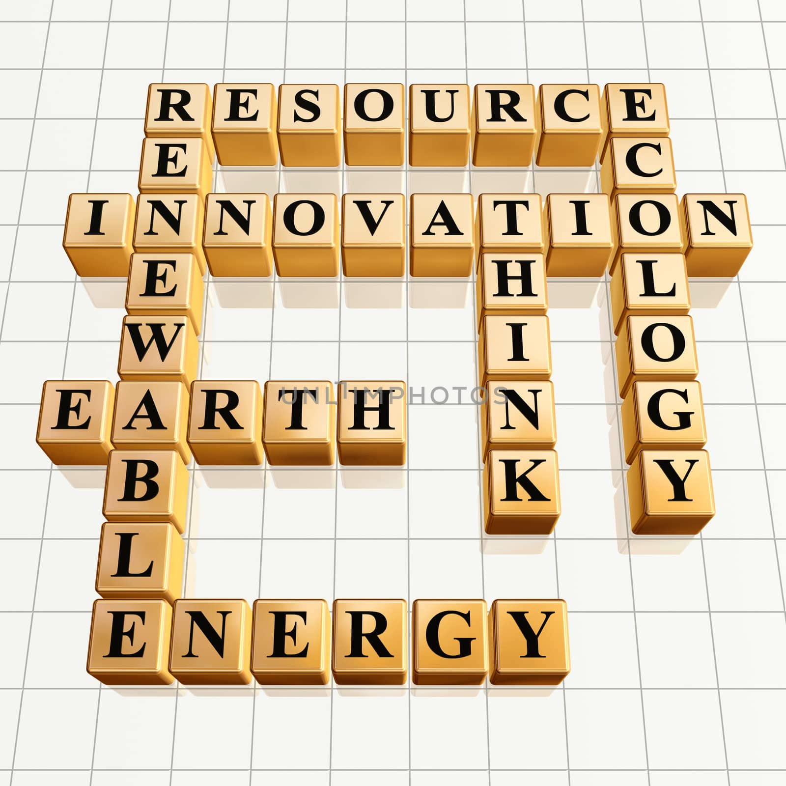 3d golden cubes, crossword - resource, innovation, renewable, Earth, energy, ecology, think