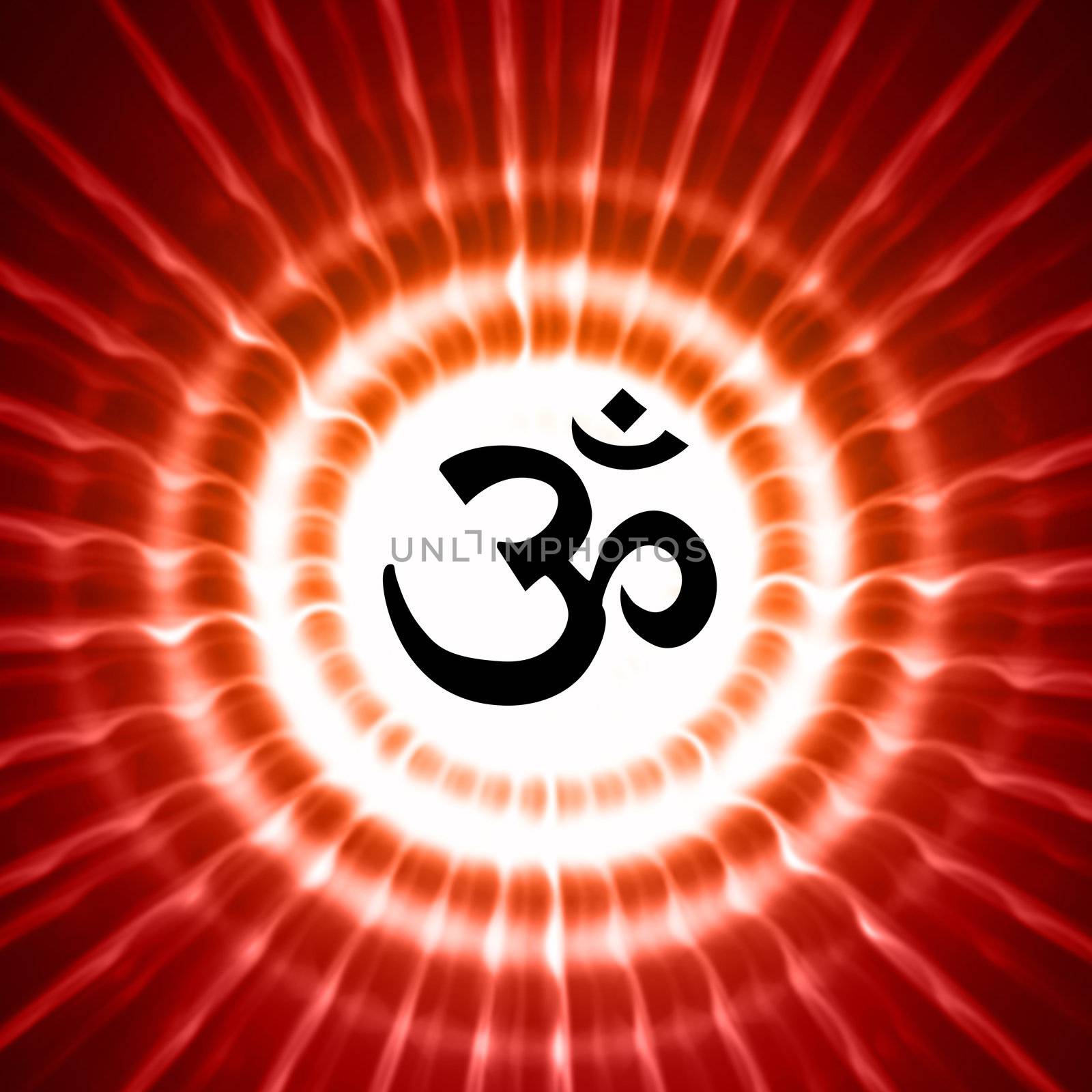 black om symbol over red lightrays