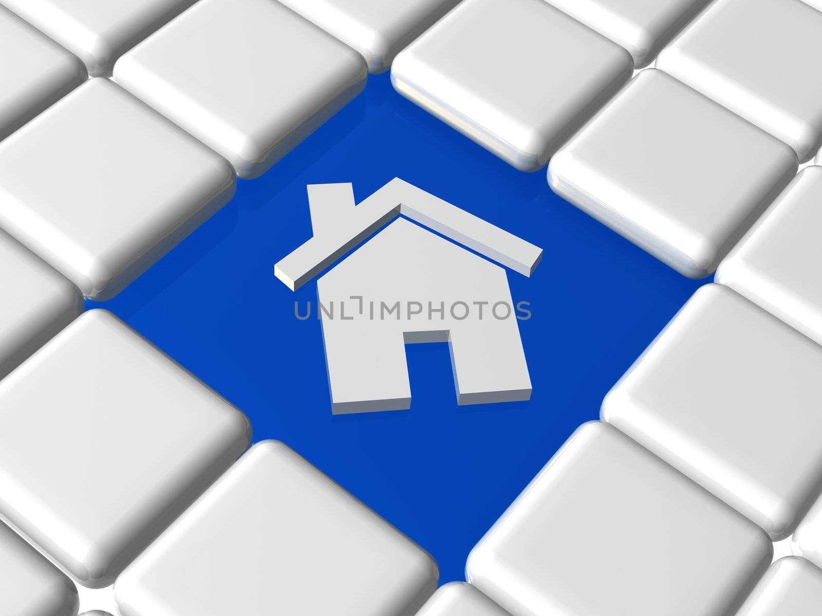 3d house icon over blue and white boxes