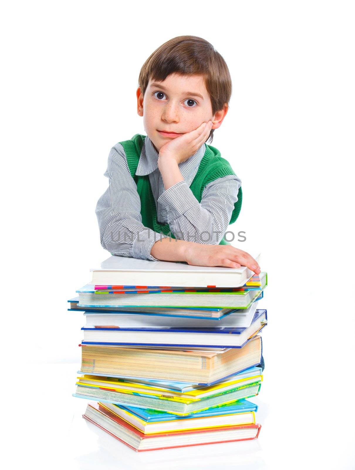 Education - funny boy with books. Isolated over white background.