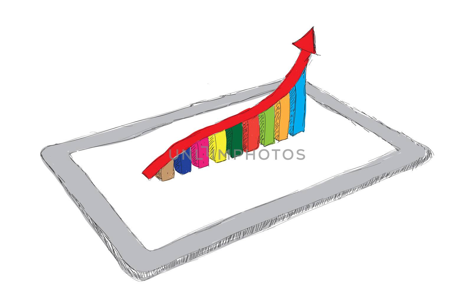 sketch computer tablet showing a spreadsheet with  charts