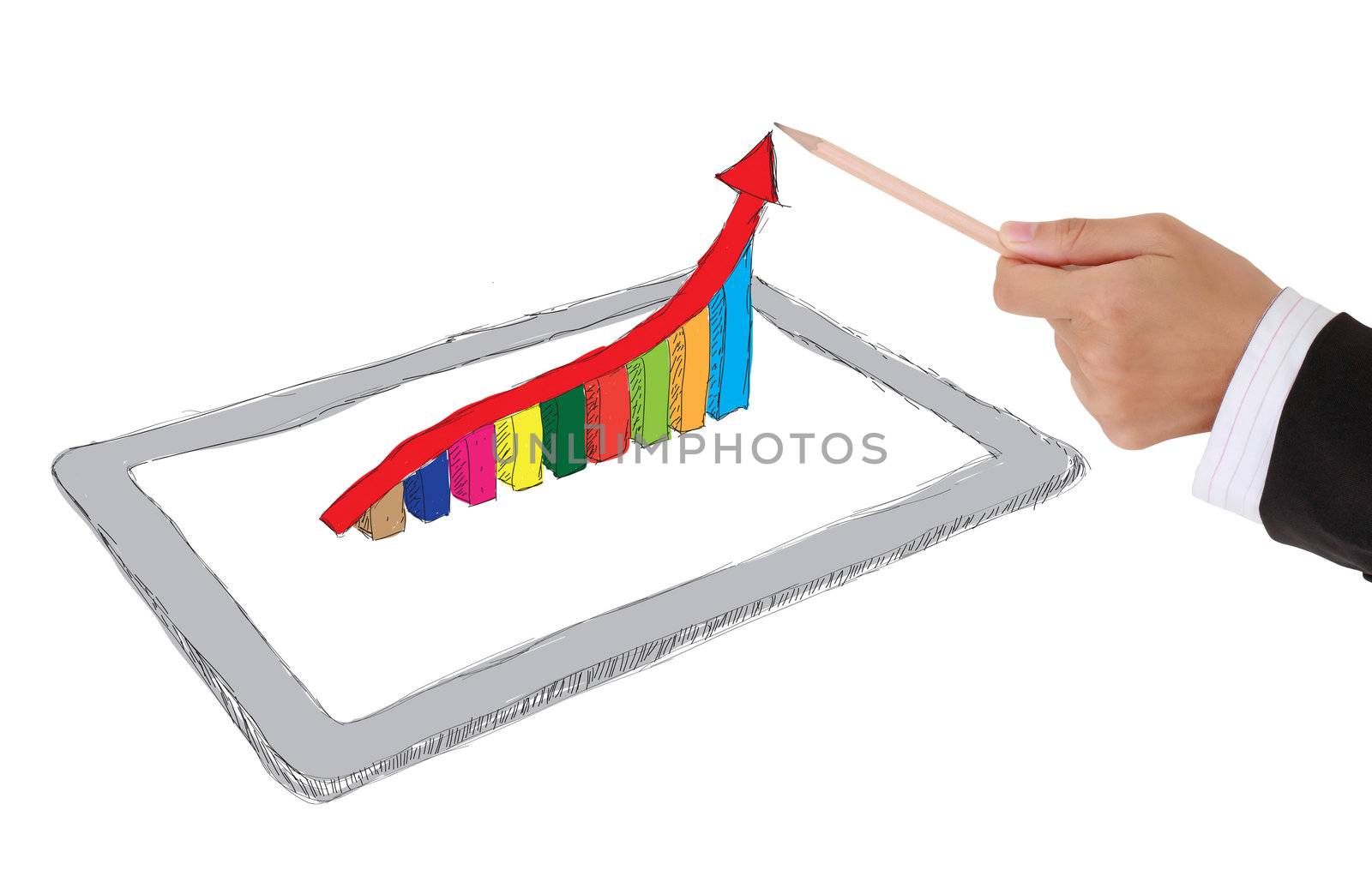 sketch computer tablet showing a spreadsheet with  charts by rufous