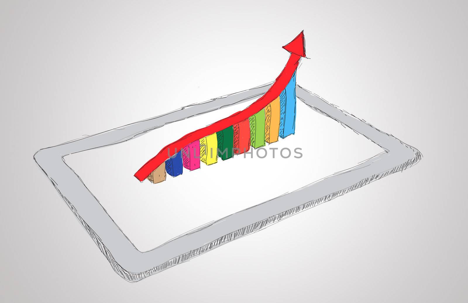 sketch computer tablet showing a spreadsheet with  charts by rufous