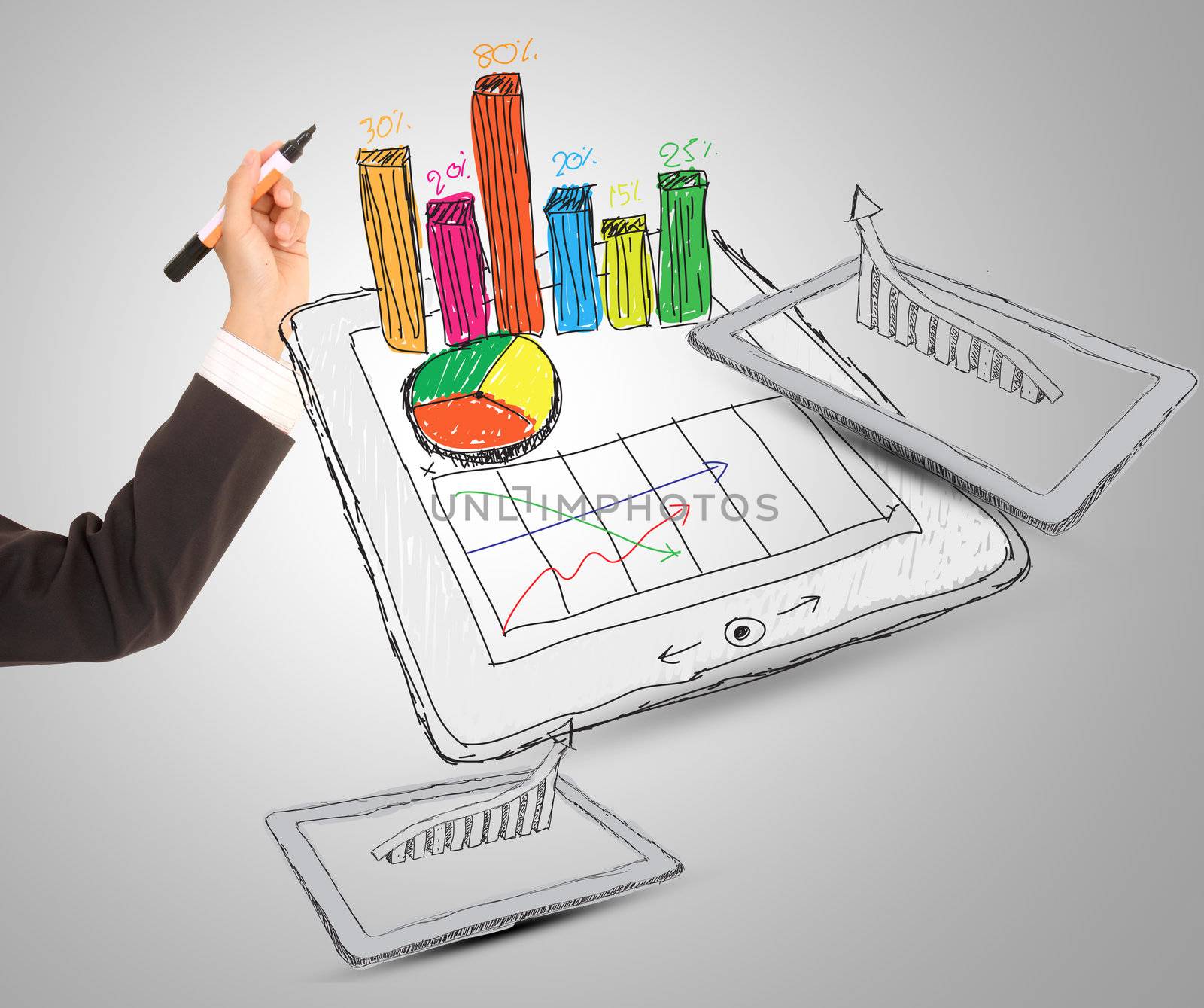 sketch computer tablet showing a spreadsheet with  charts