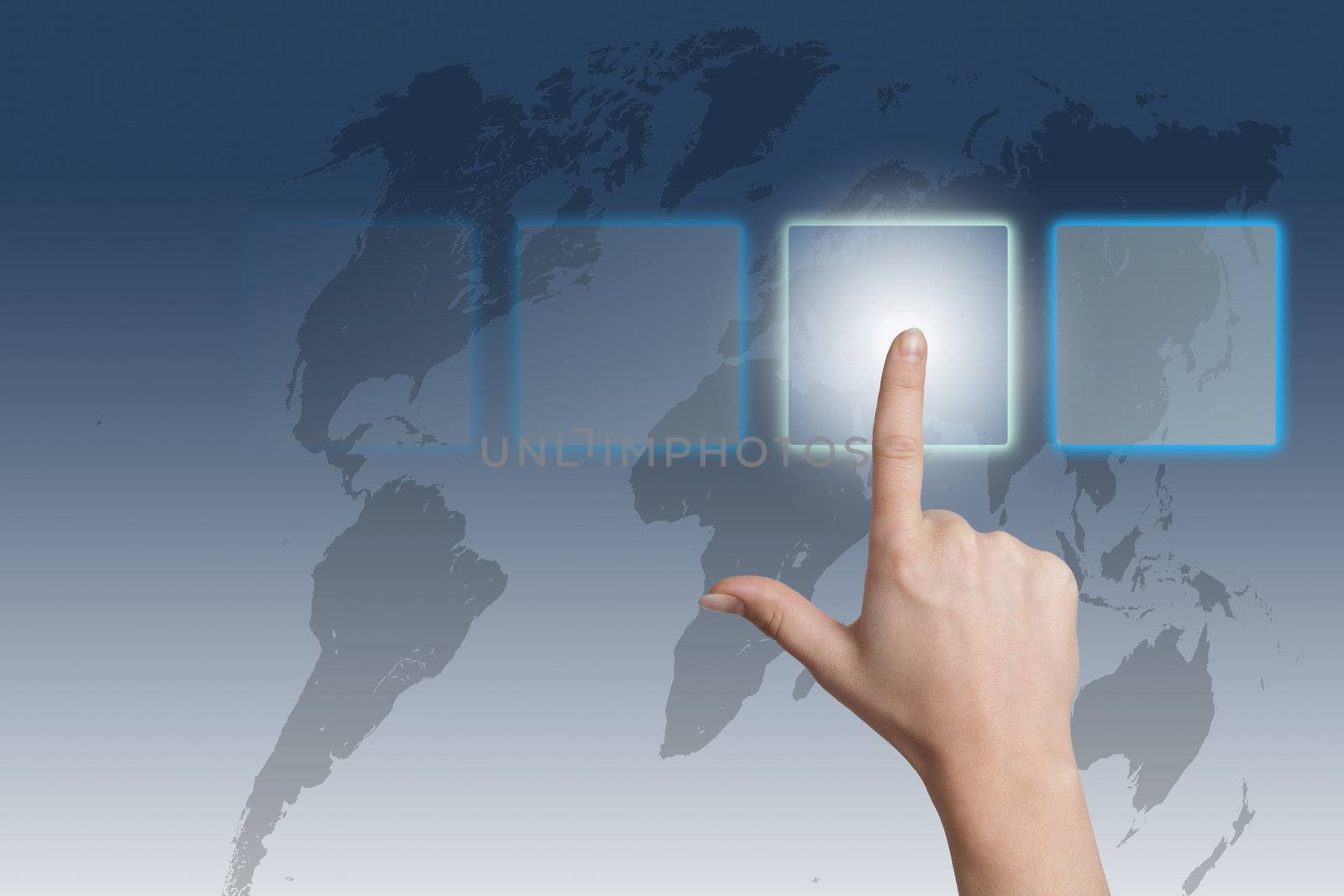 hand pressing a touchscreen button on blue-white world map background