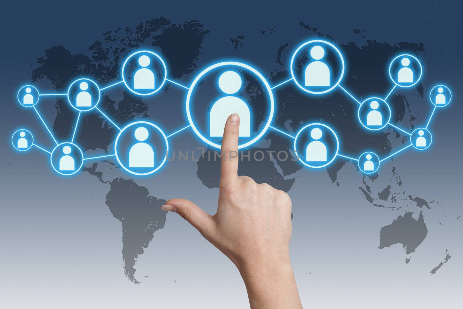 woman hand pressing social media icon on blue-white background with world map