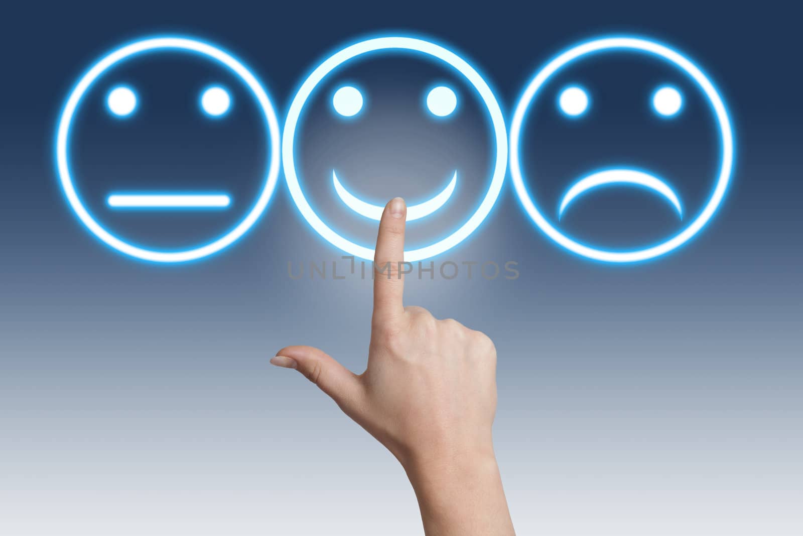 woman hand pointing to a smiling button on blue-white background