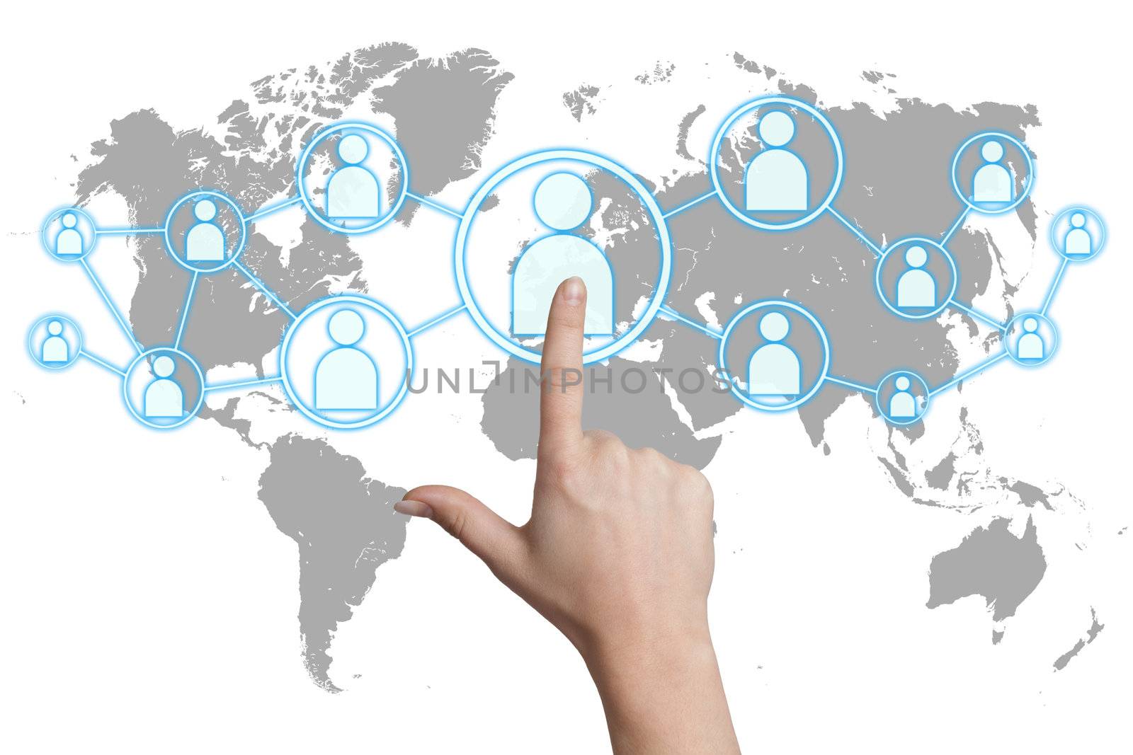 woman hand pressing social media icon on white background with world map