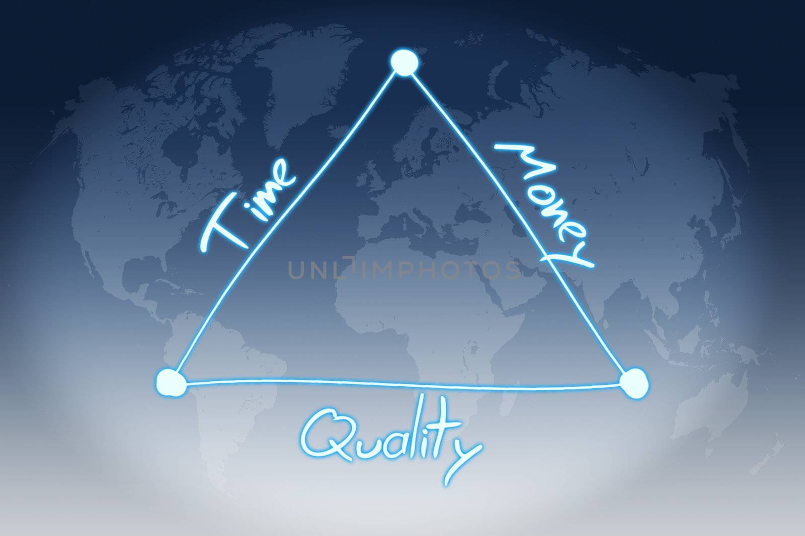 handwritten diagram concept of time, quality and money on blue-white world map background