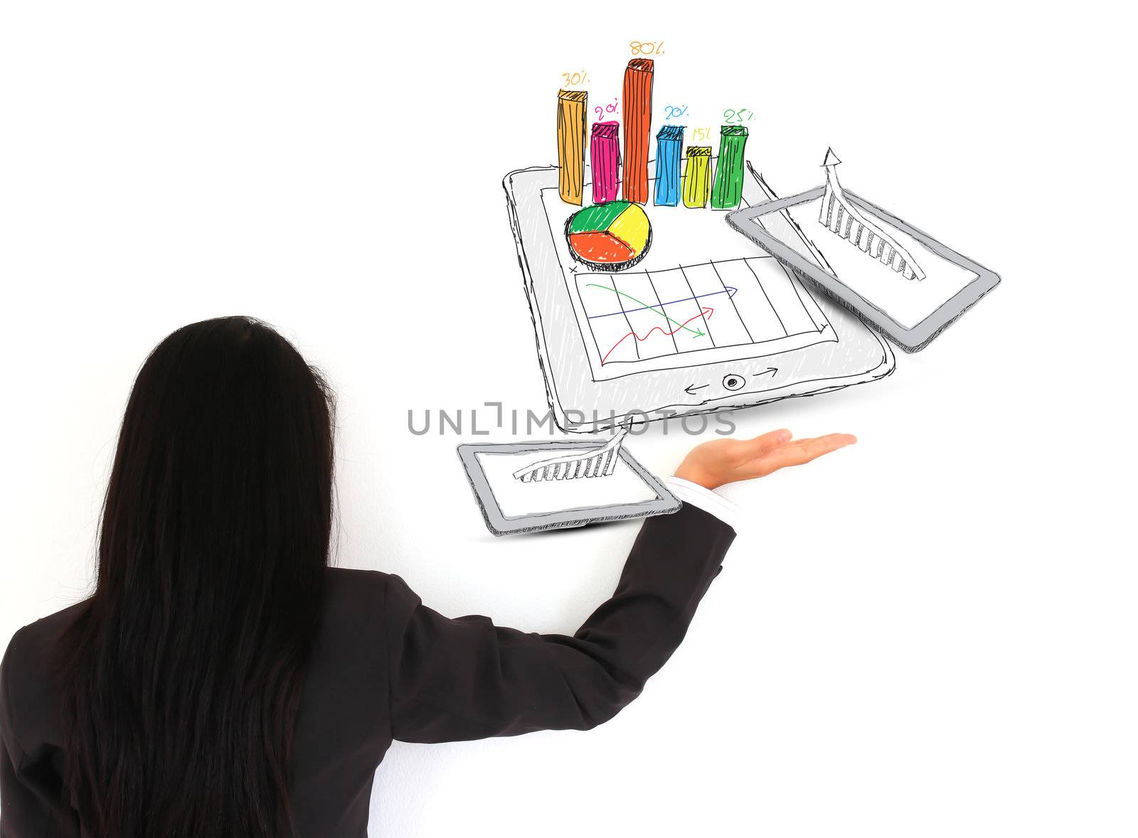 successful business woman holding tablet pc with a graph  by rufous