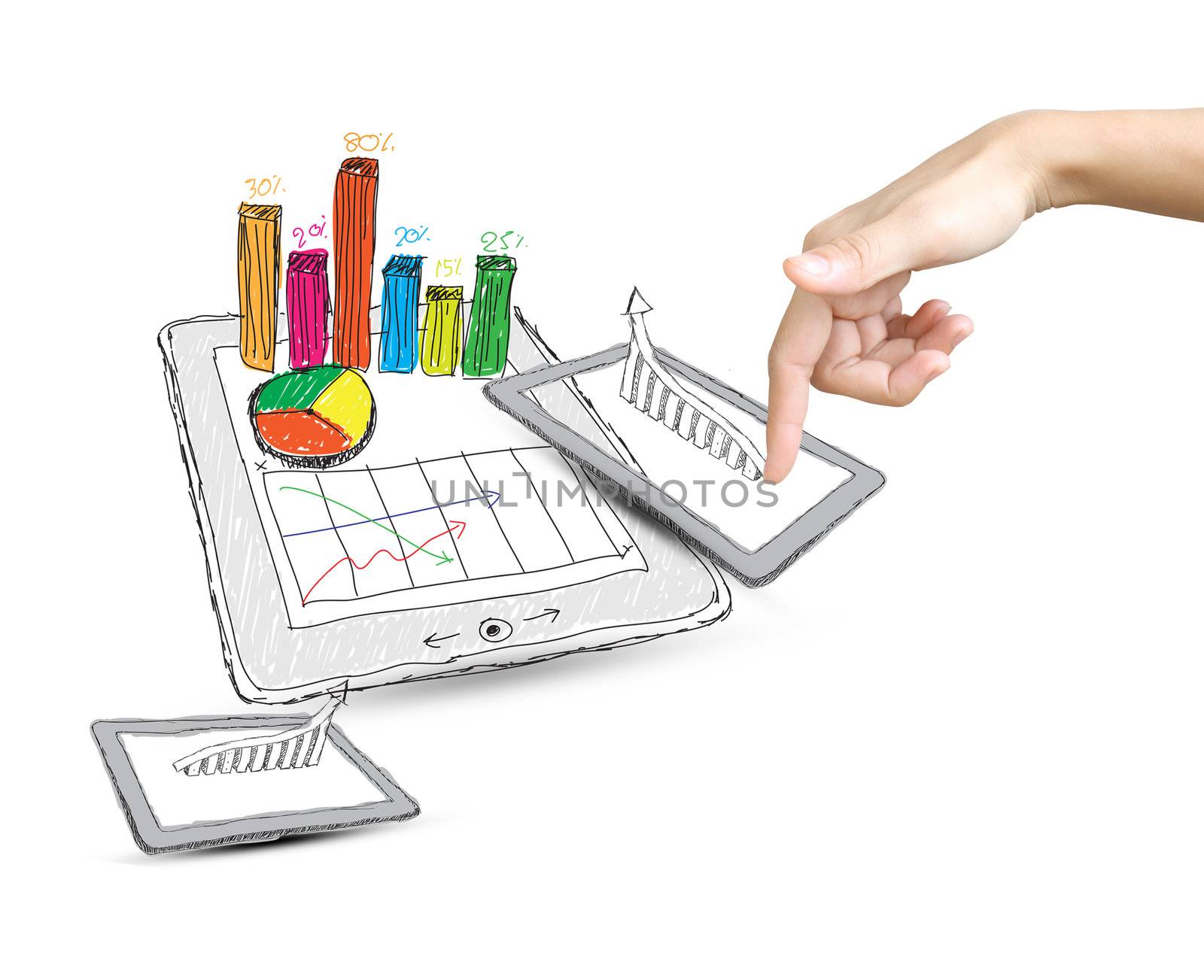 sketch computer tablet showing a spreadsheet with  charts