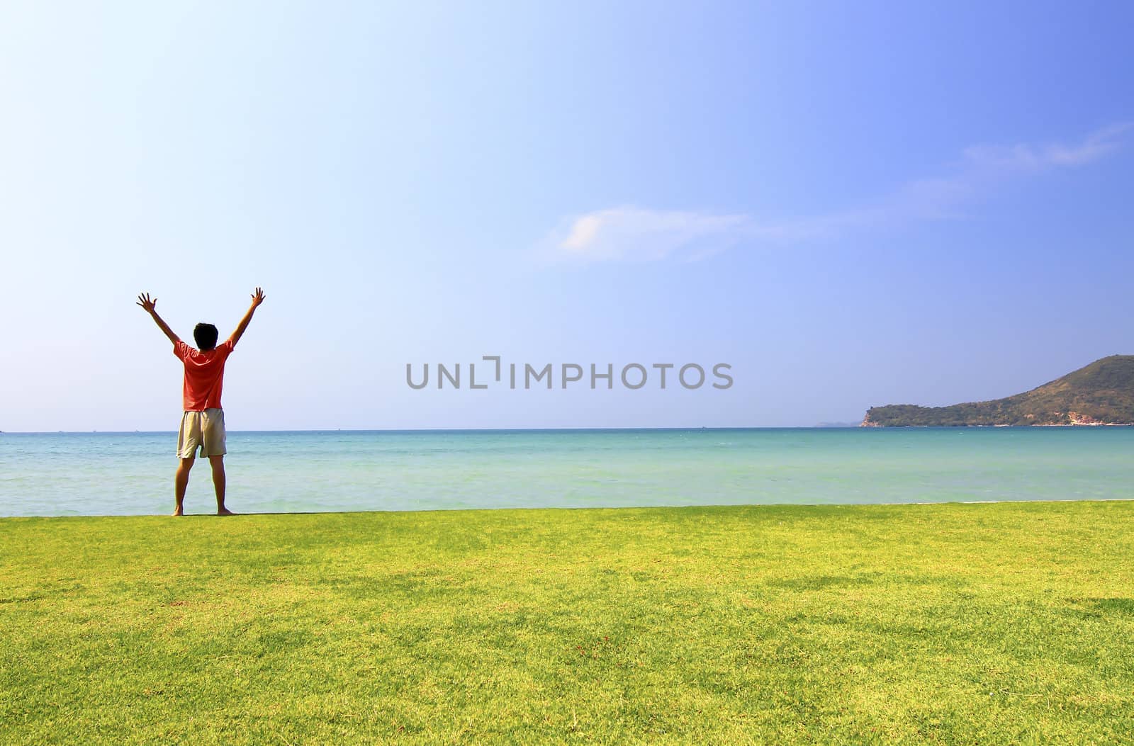 happy man on the meadow against the sea landscape 
 by rufous