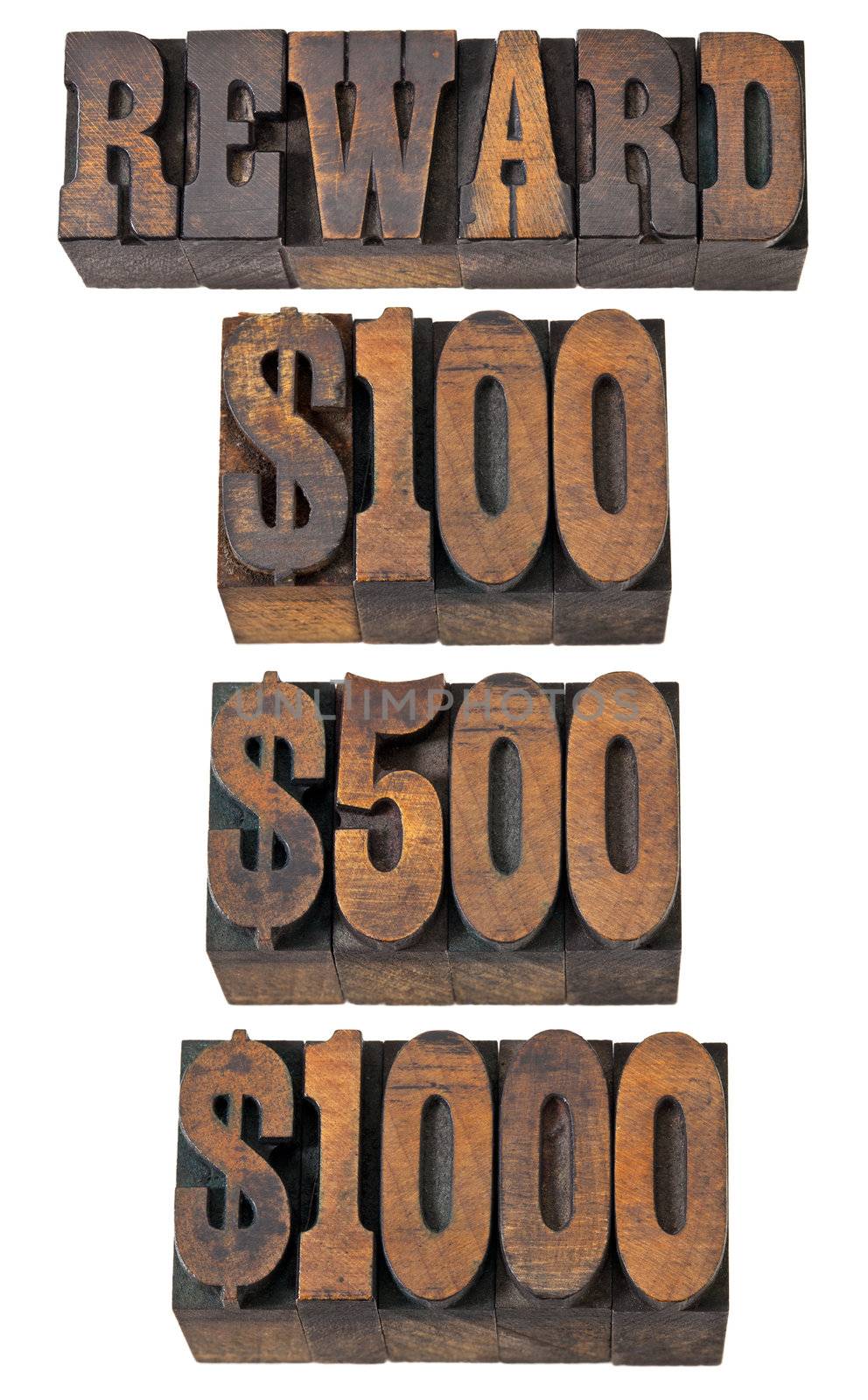 reward word and 100, 500, 1000 dollar amounts - isolated text in vintage letterpress wood type - French Clarendon font popular in western movies and memorabilia