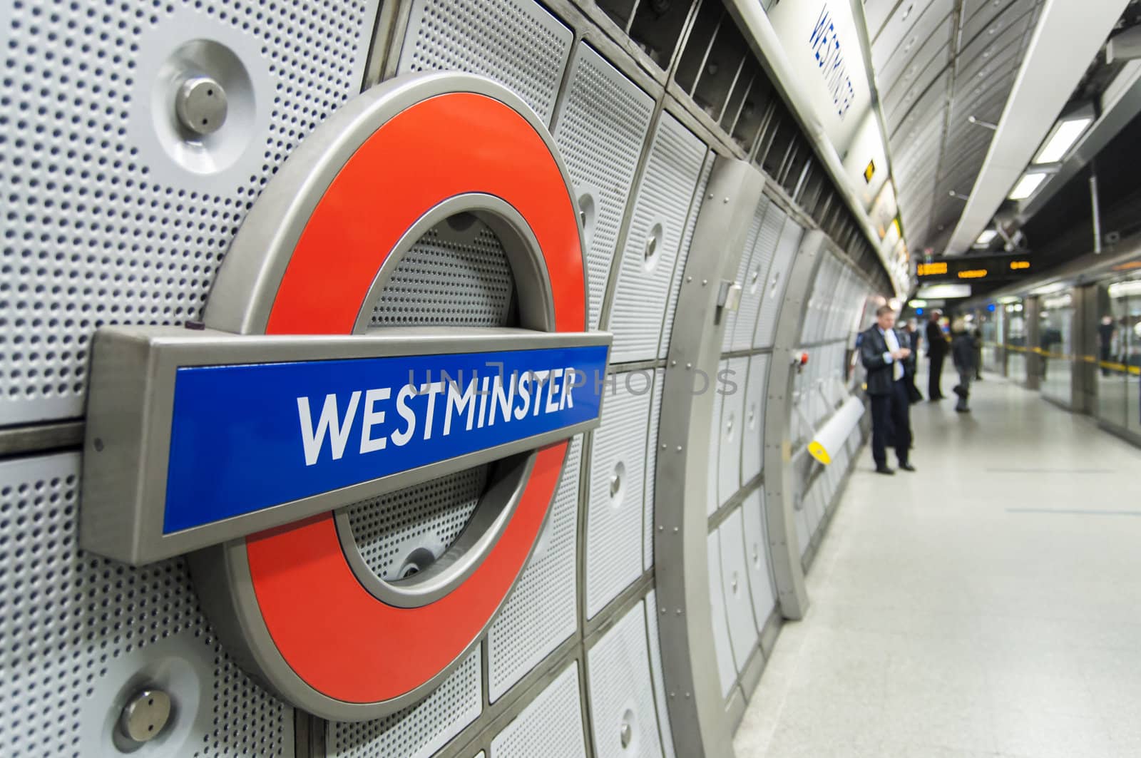 LONDON, UK - APRIL 02: London Underground sign inside Westminster station. April 02, 2012 in London.