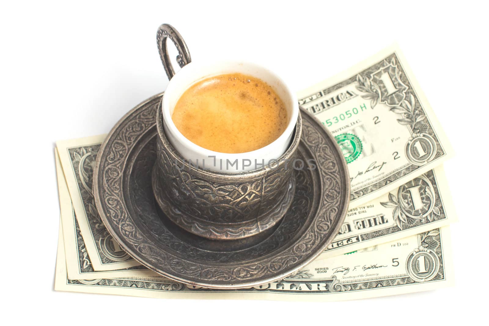 Сup of coffee with 3 dollars tip on white background.