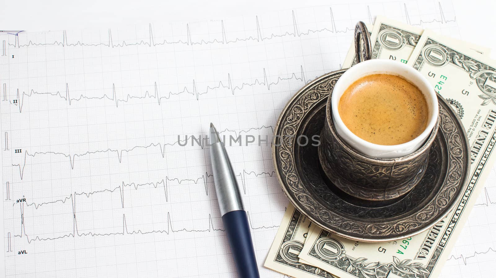 Сup of coffee with 3 dollars tip on cardiogram background.