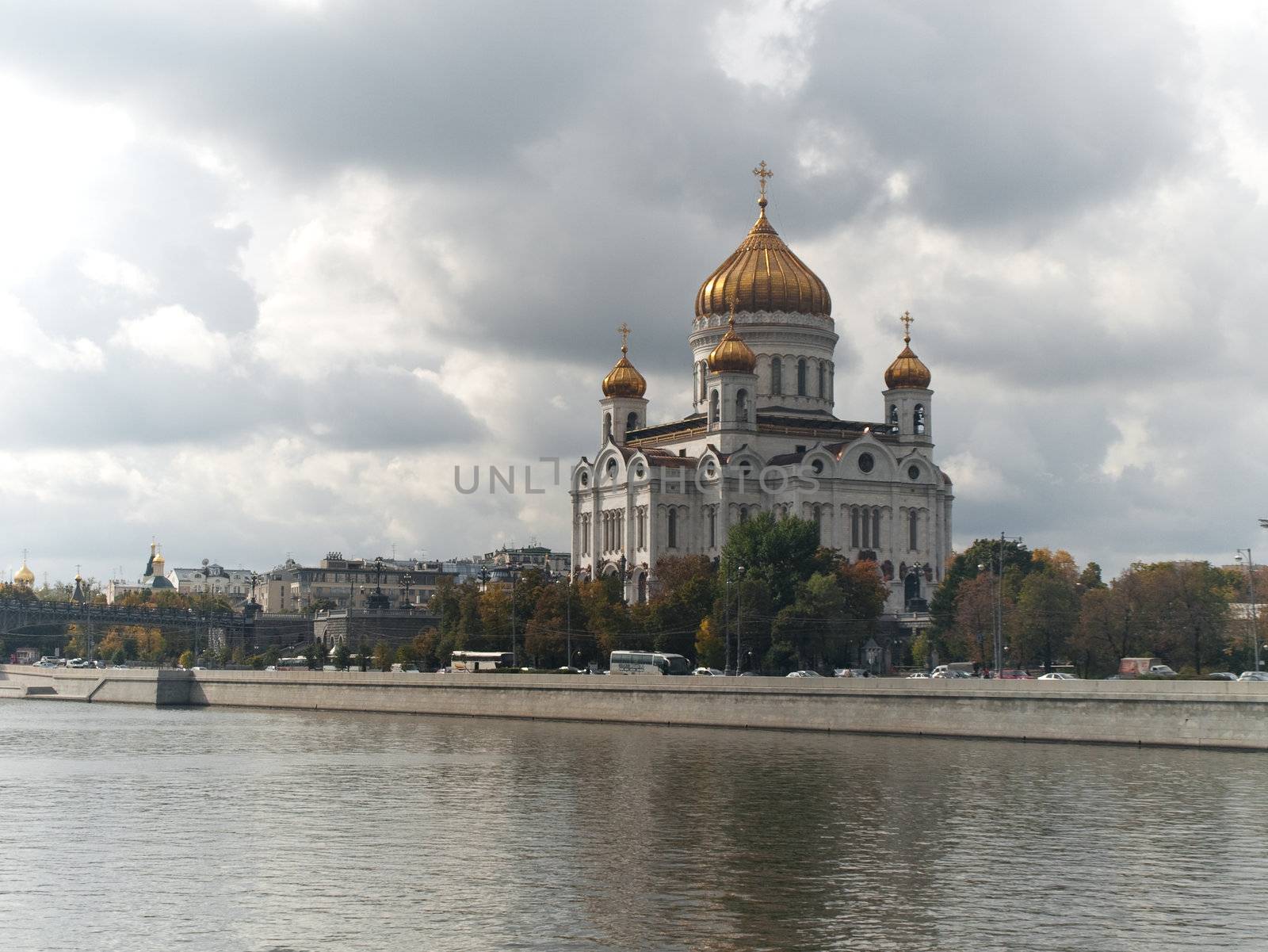 Orthodox Church of Christ the Redeemer in Moscow Russia, viewed from across the river