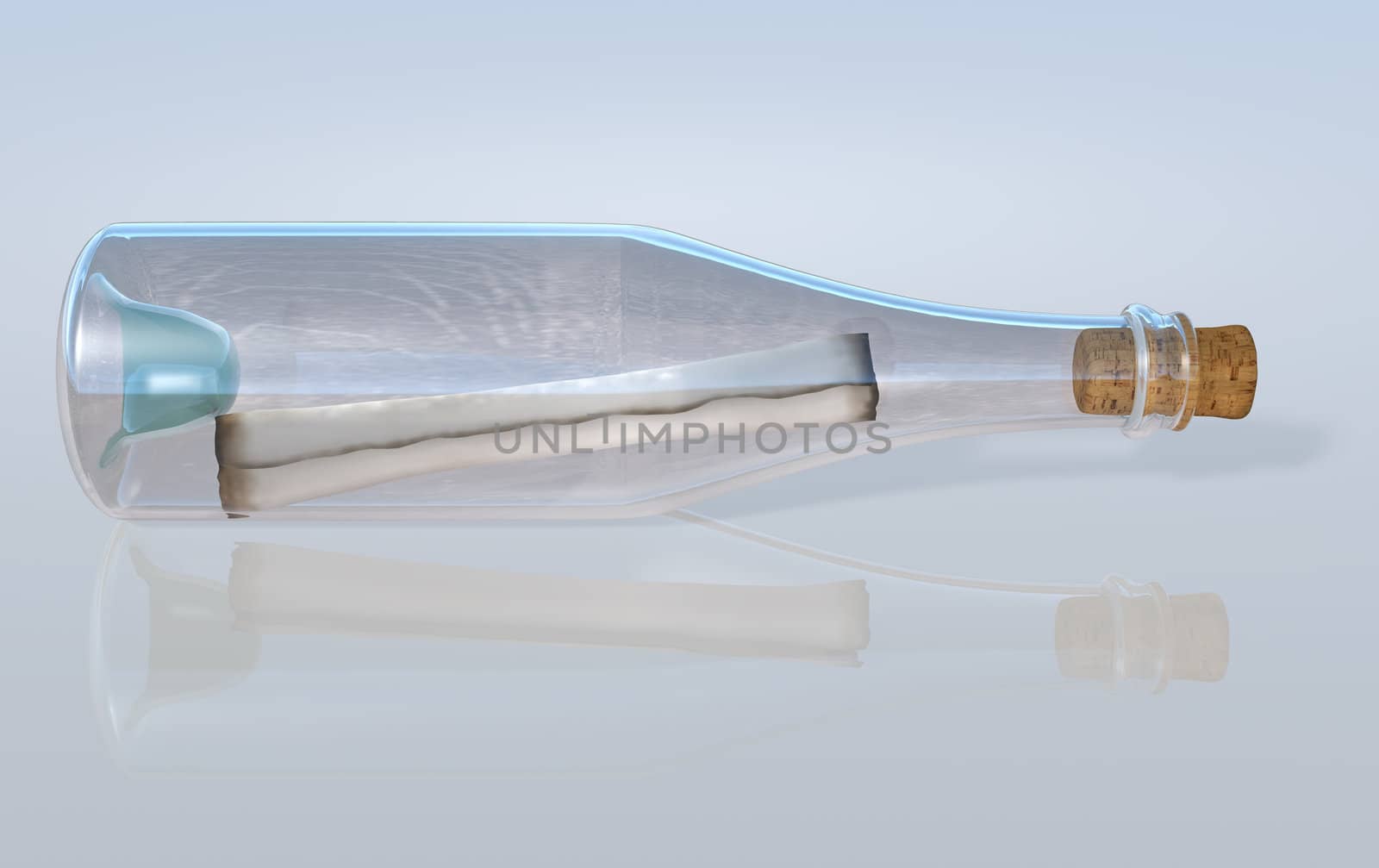 rolled up old message inside a lying bottle that has light reflections on the glass surface