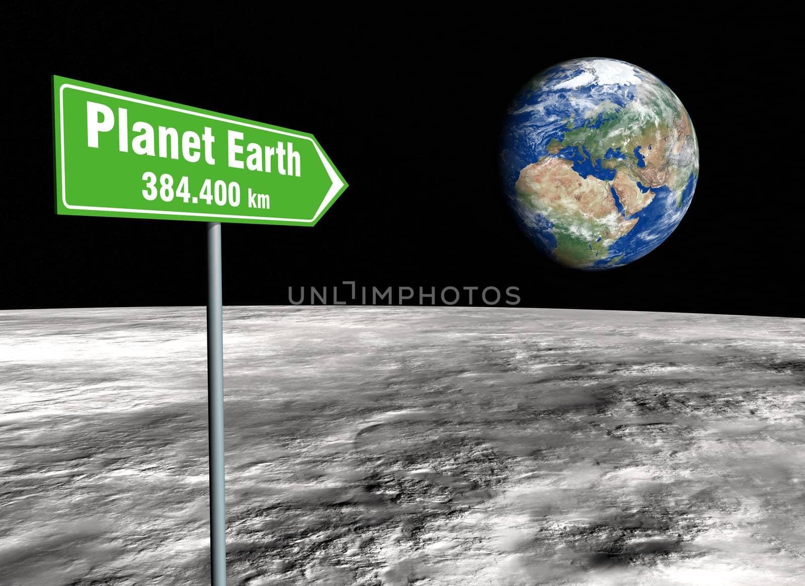 Green signpost on the lunar surface indicating the distance remaining from the planet earth