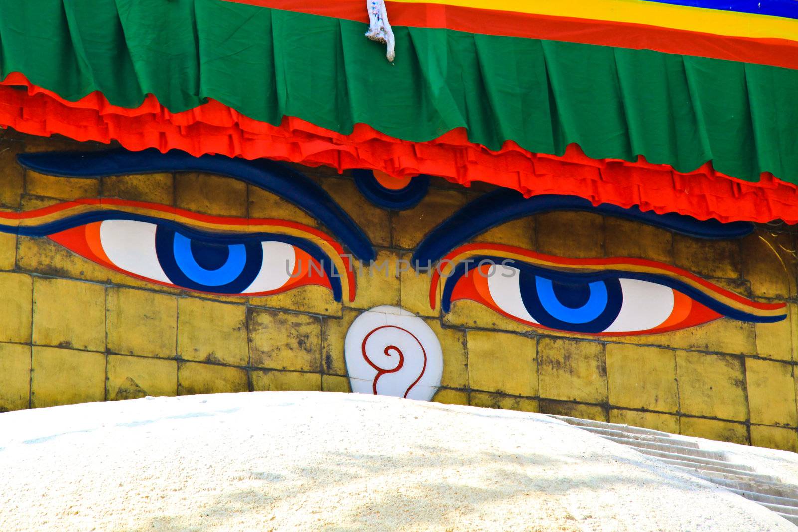 Close up of widsom eyes of Boudhanath Stupa with in Kathmandu, Nepal