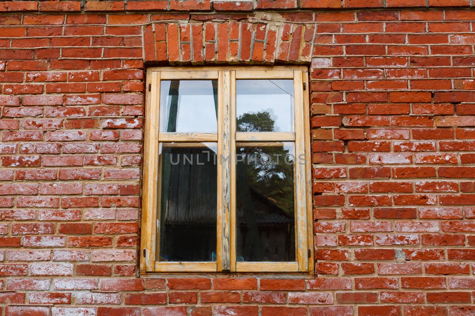 wood window in old red brick wall