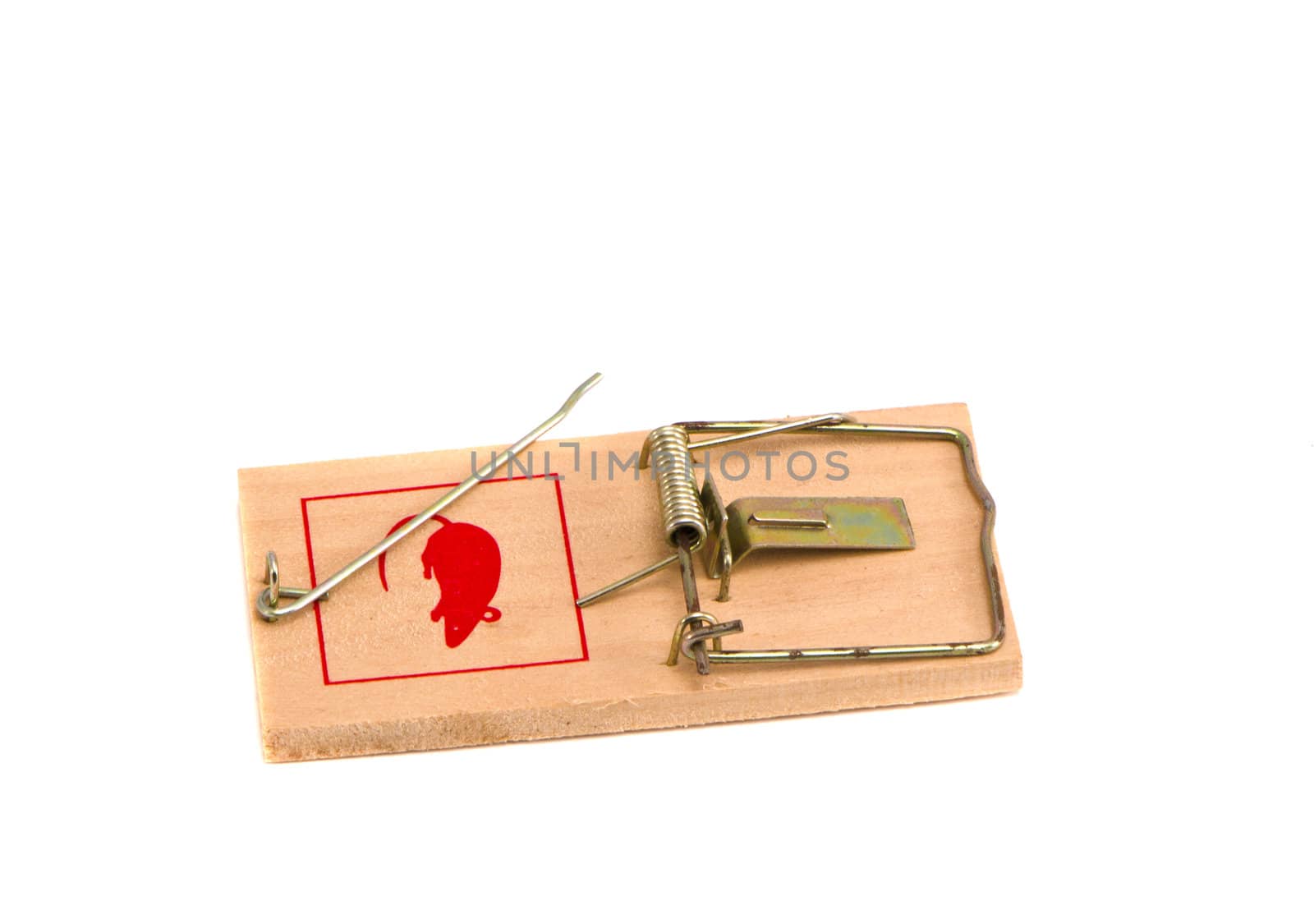 mousetrap trap to catch kill mice, attracted with cheese. wooden trap with metal mechanism.