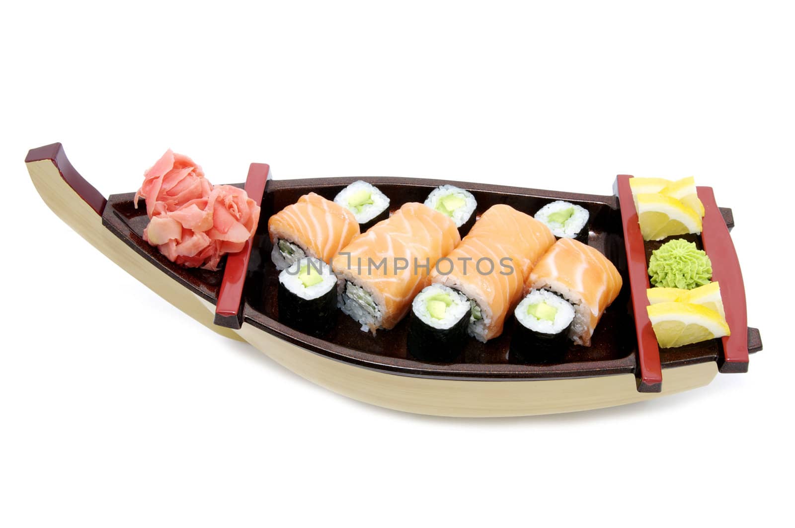 decorative boat with two kinds of sushi with salmon