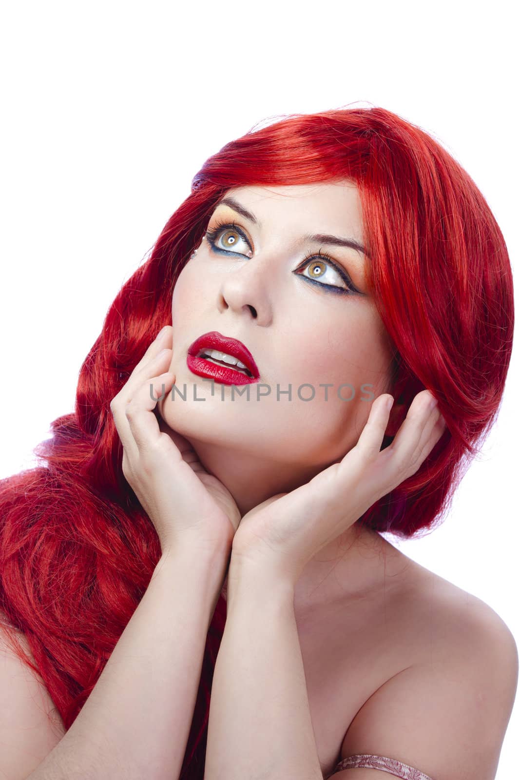 Red Hair woman. Fashion Girl Portrait. Sexy young looking at top