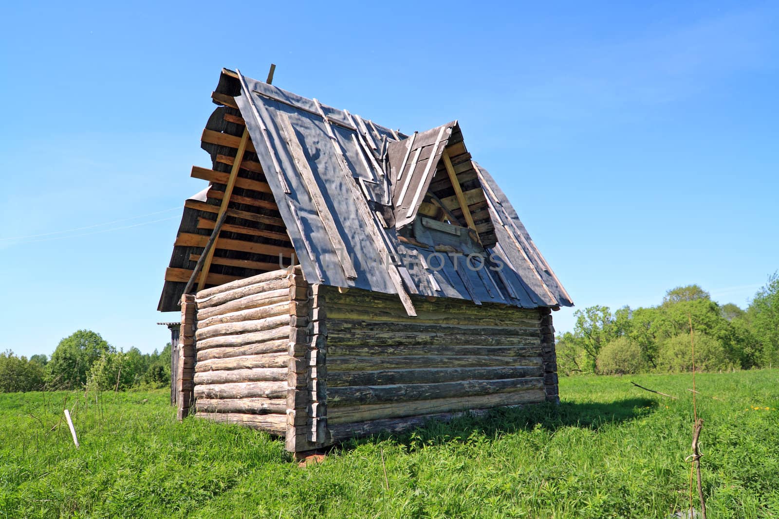 wooden rural house on green field