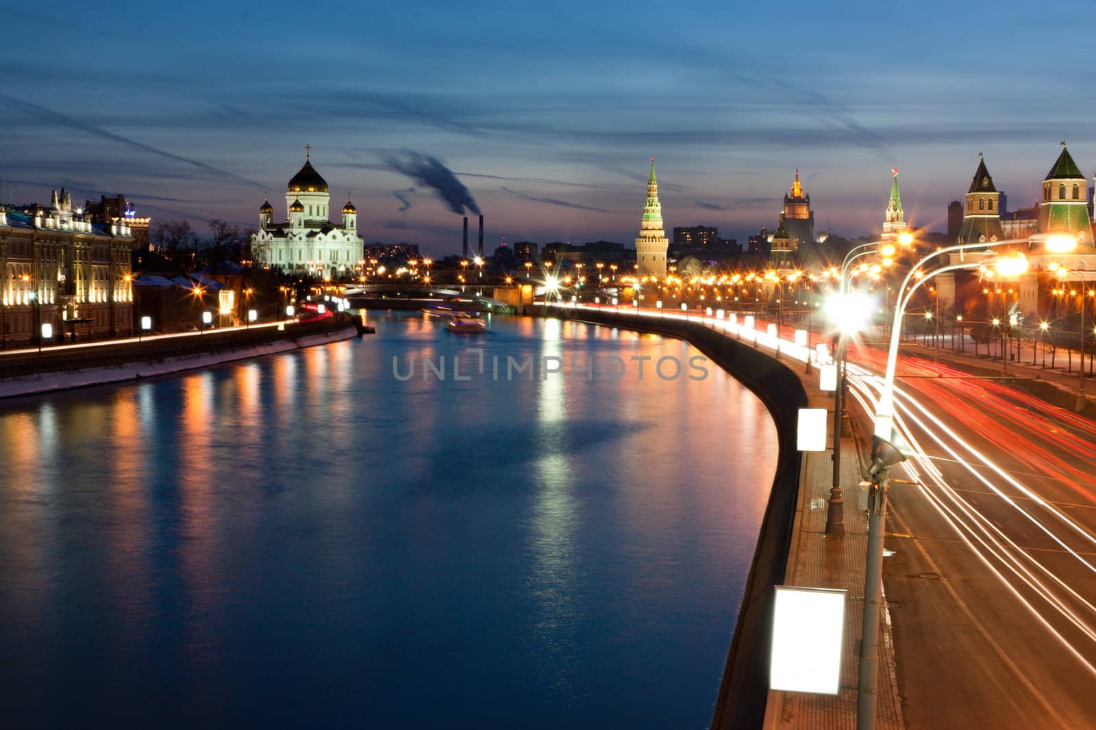 Moscow river at night in Russian federation.