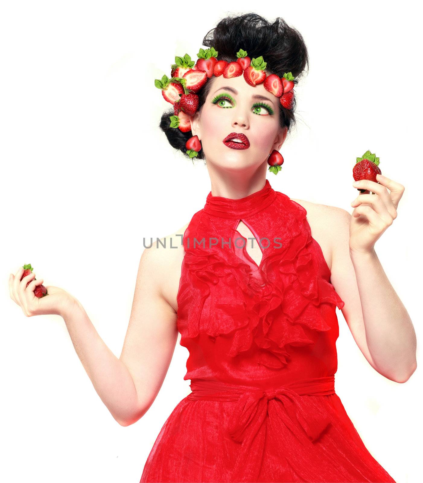 Beautiful Woman Wearing Strawberries in her Hair