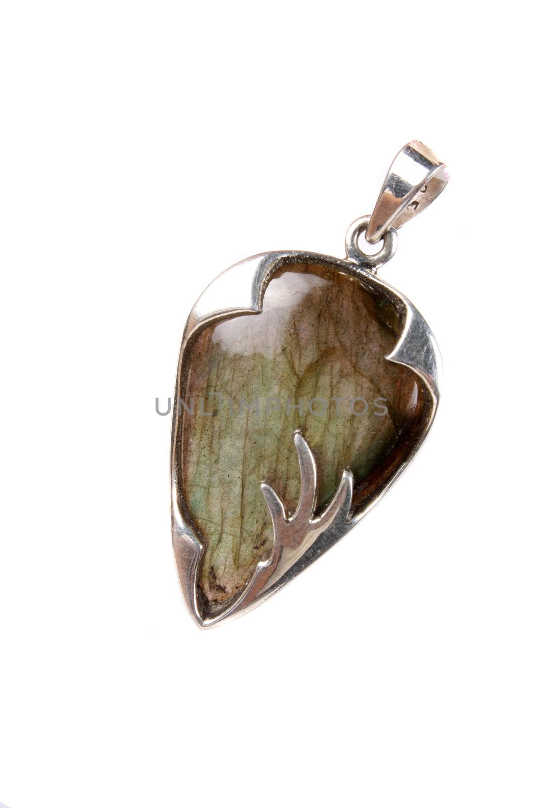 A labradorite pendant made of silver used as jewelery or in alternative therapies like crystal healing and astrology, isolated on white studio background.