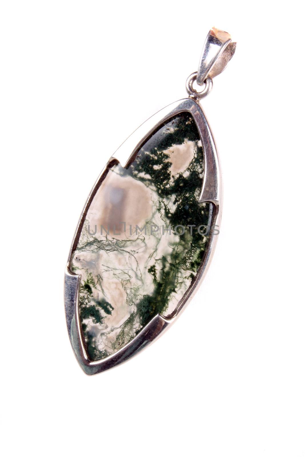 A Mosagate pendant made of silver used as jewelery or alternative therapies like crystal healing and astrology, isolated on white studio background.