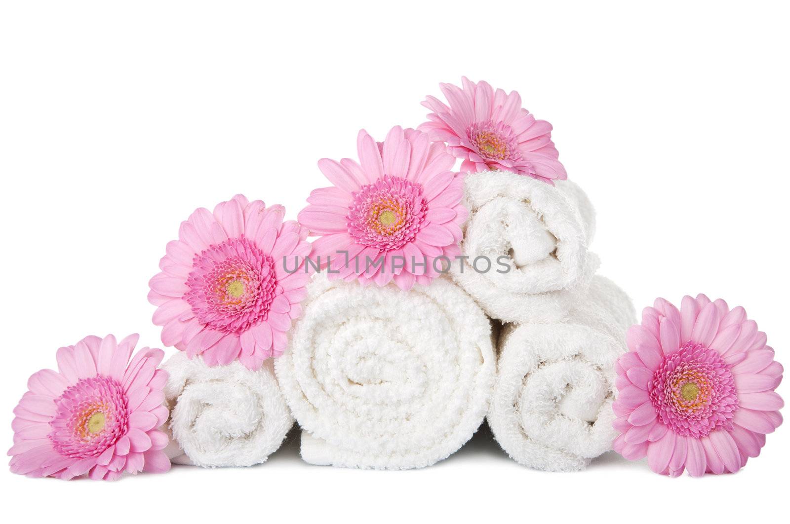 towels and flowers isolated