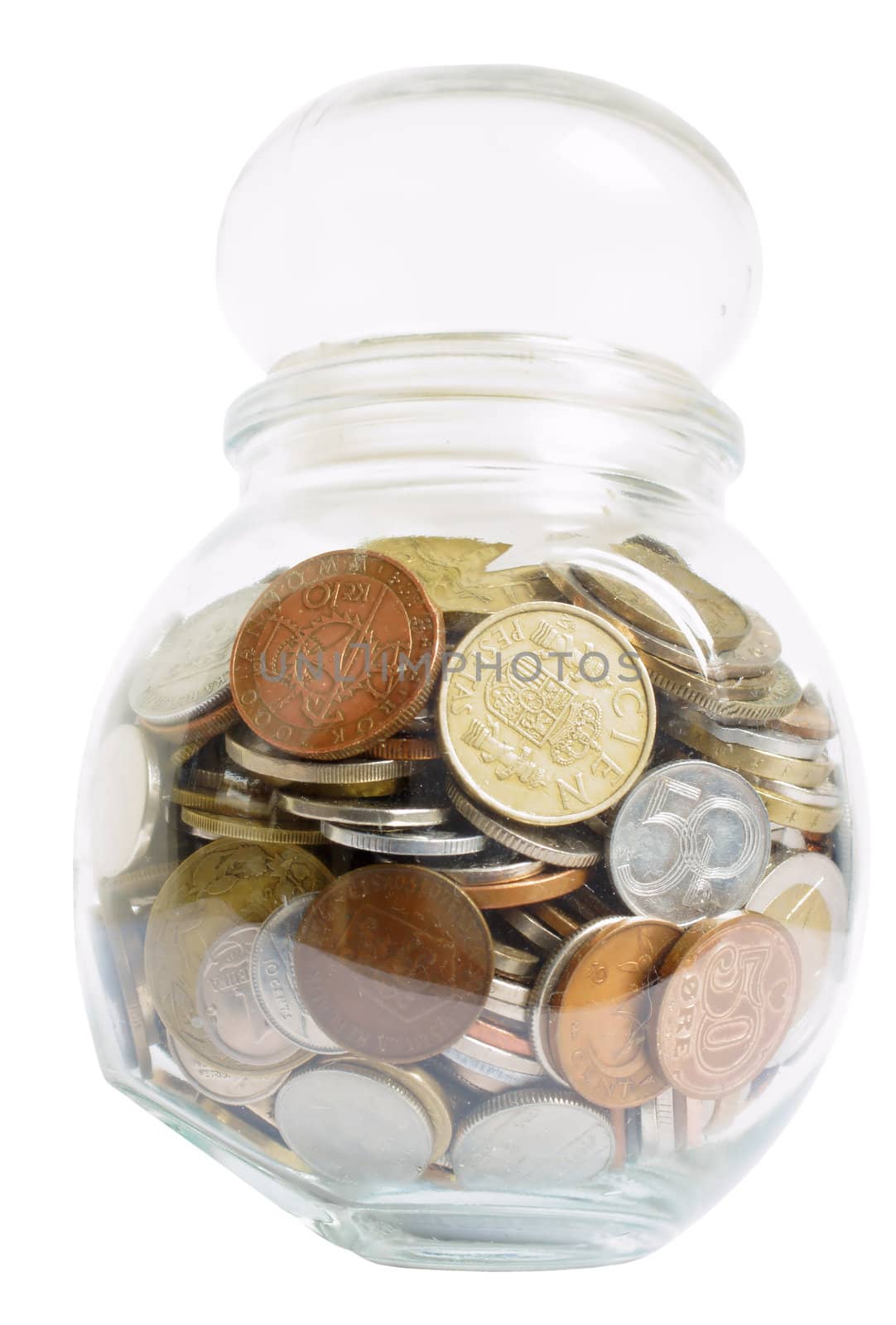 Jar with several coins, isolated on background