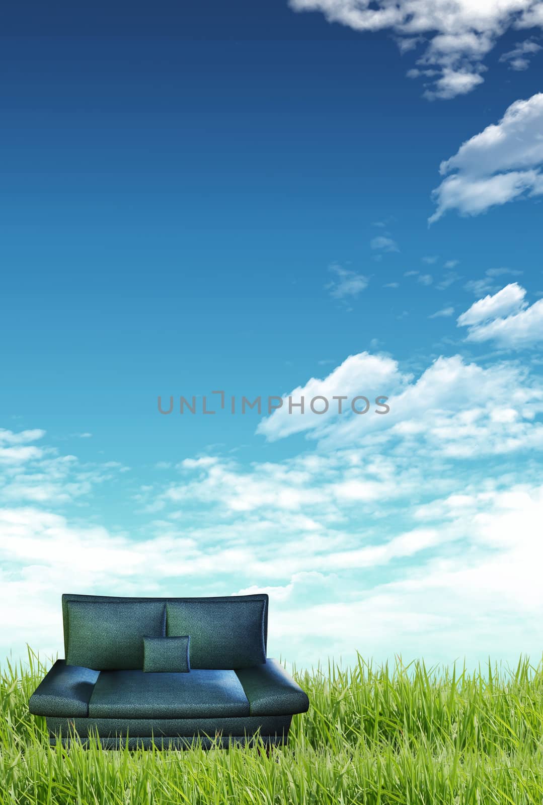 Green grass, blue sky and a sofa