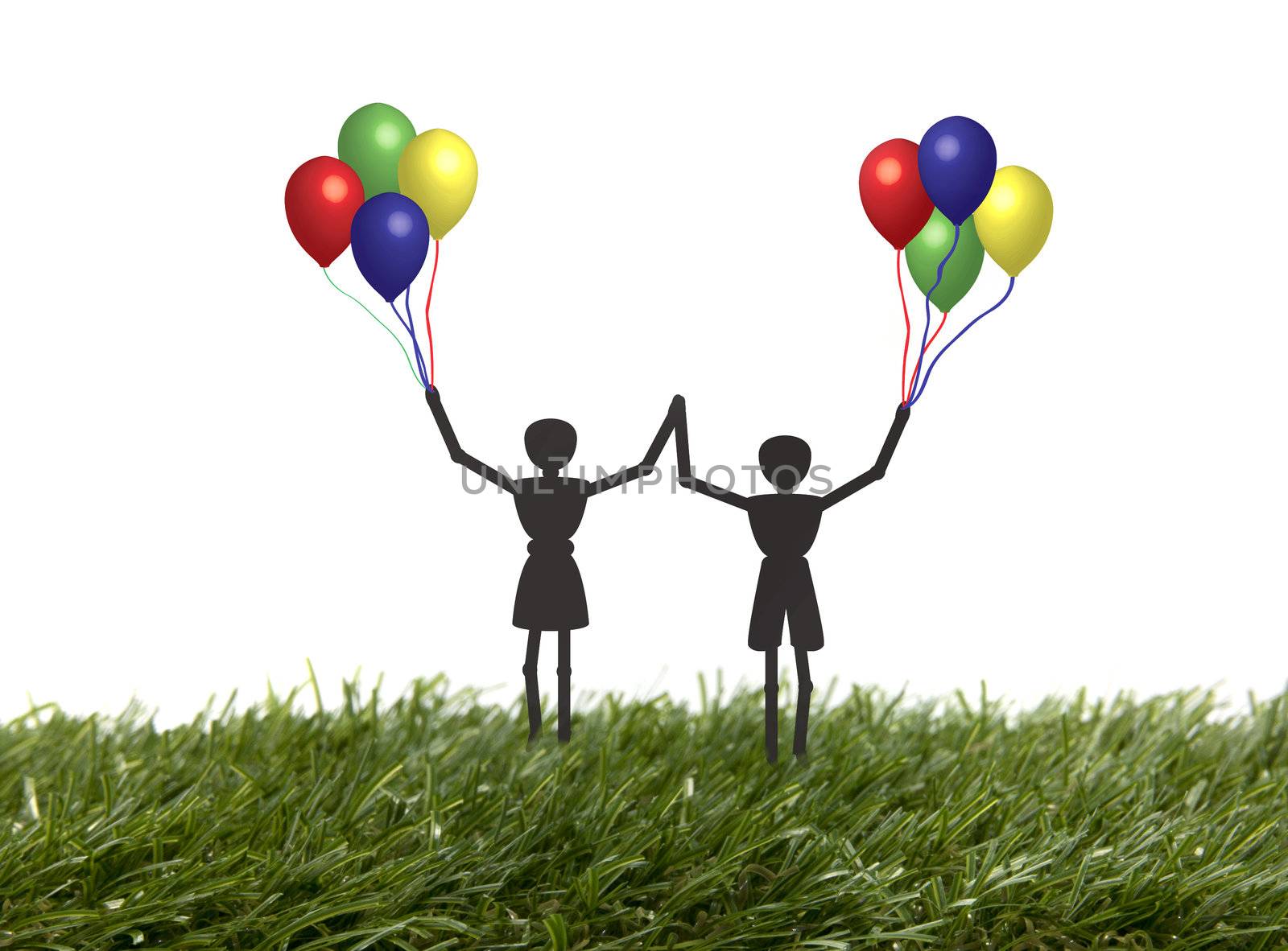 children happy playing with balloons outside in the grass