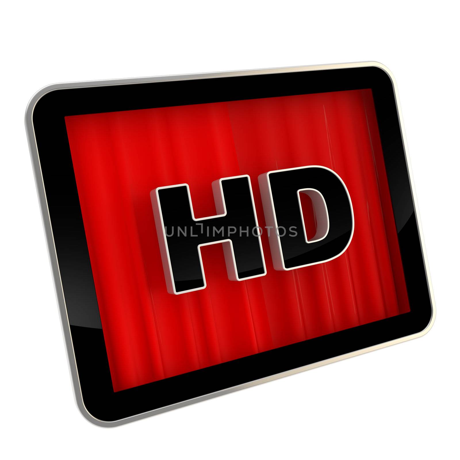 Mobile pad computer with red curtain as a screen and high definition hd sign isolated on white