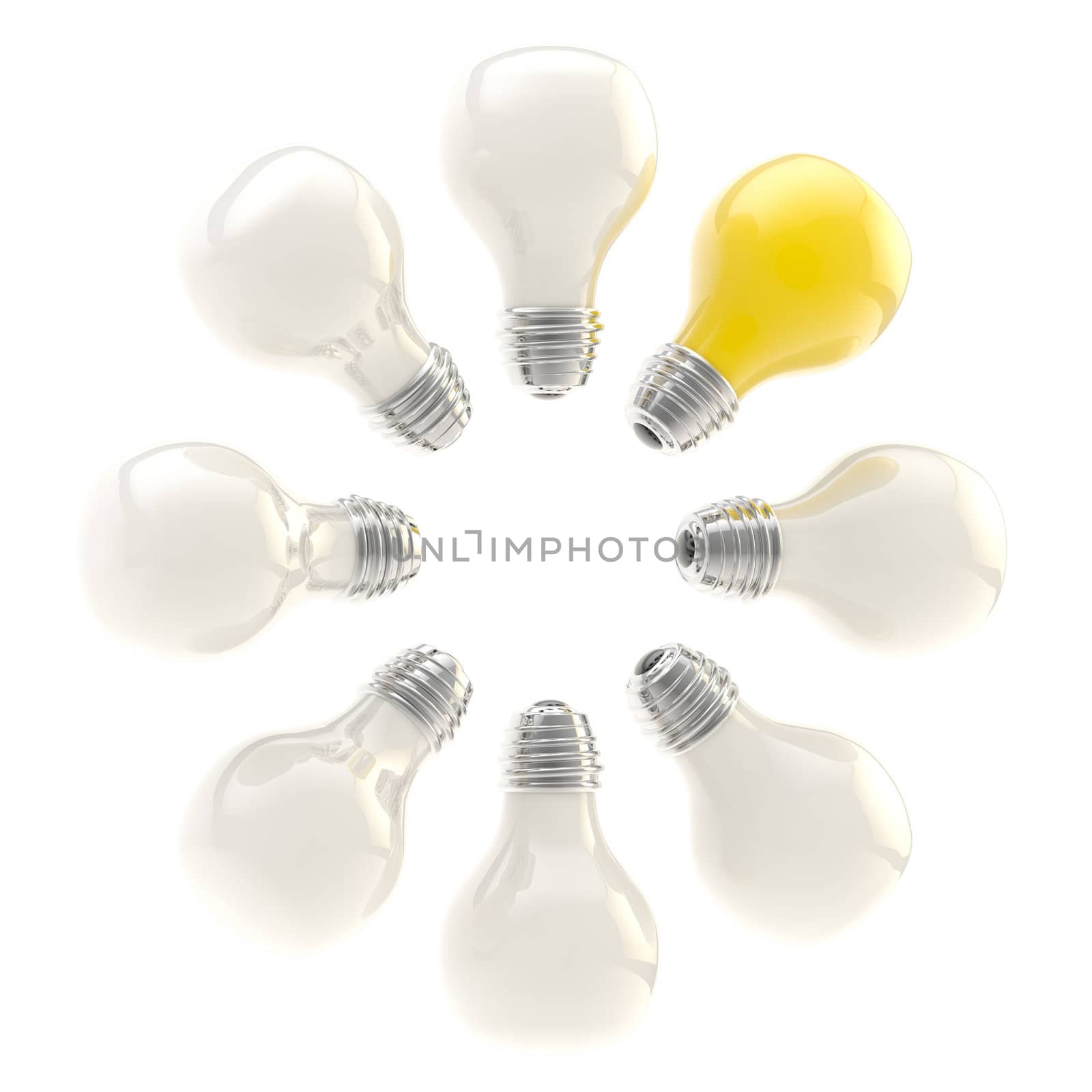 Idea conception: electric bulbs arranged in a circle isolated on white