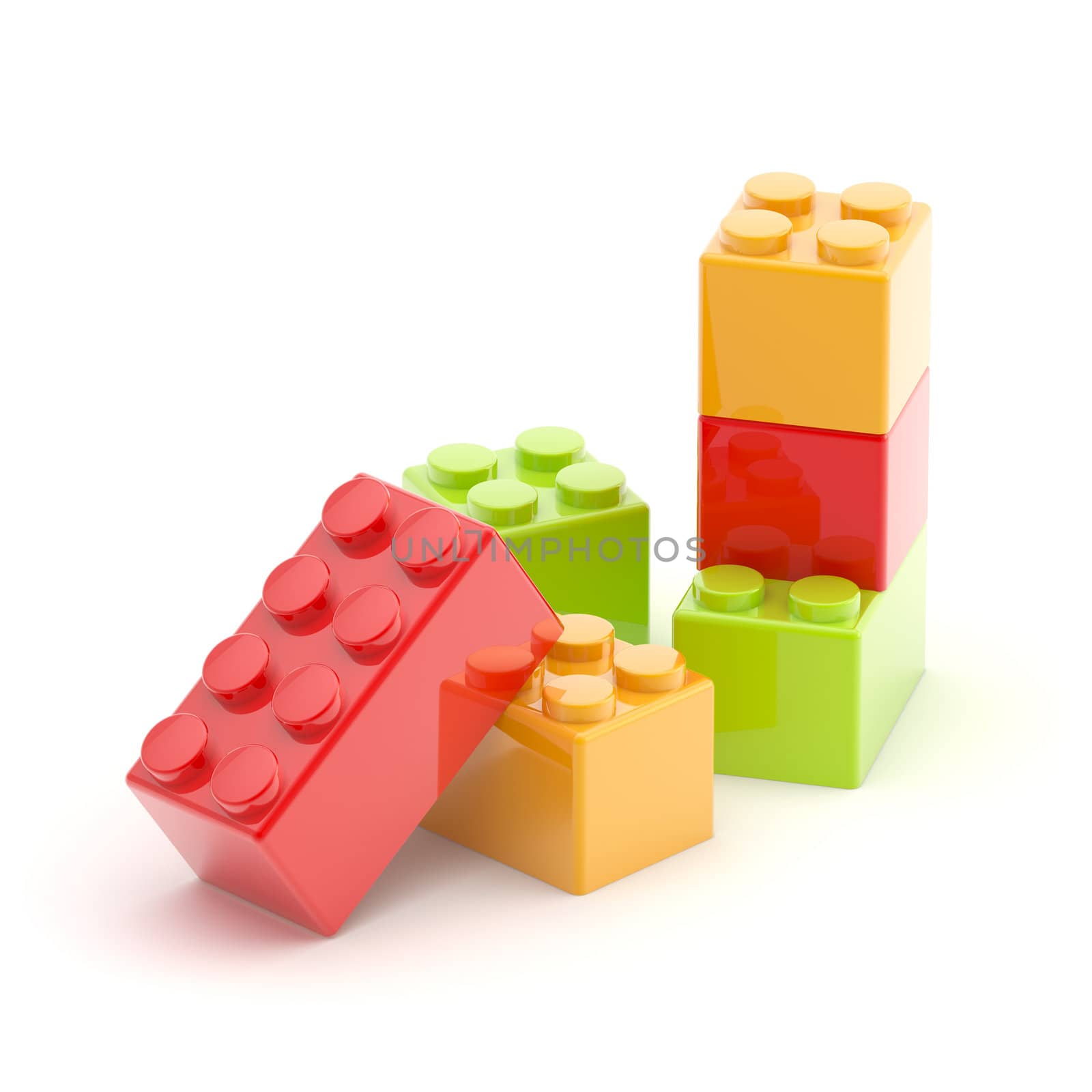 Toy construction brick red, green, orange blocks on white floor