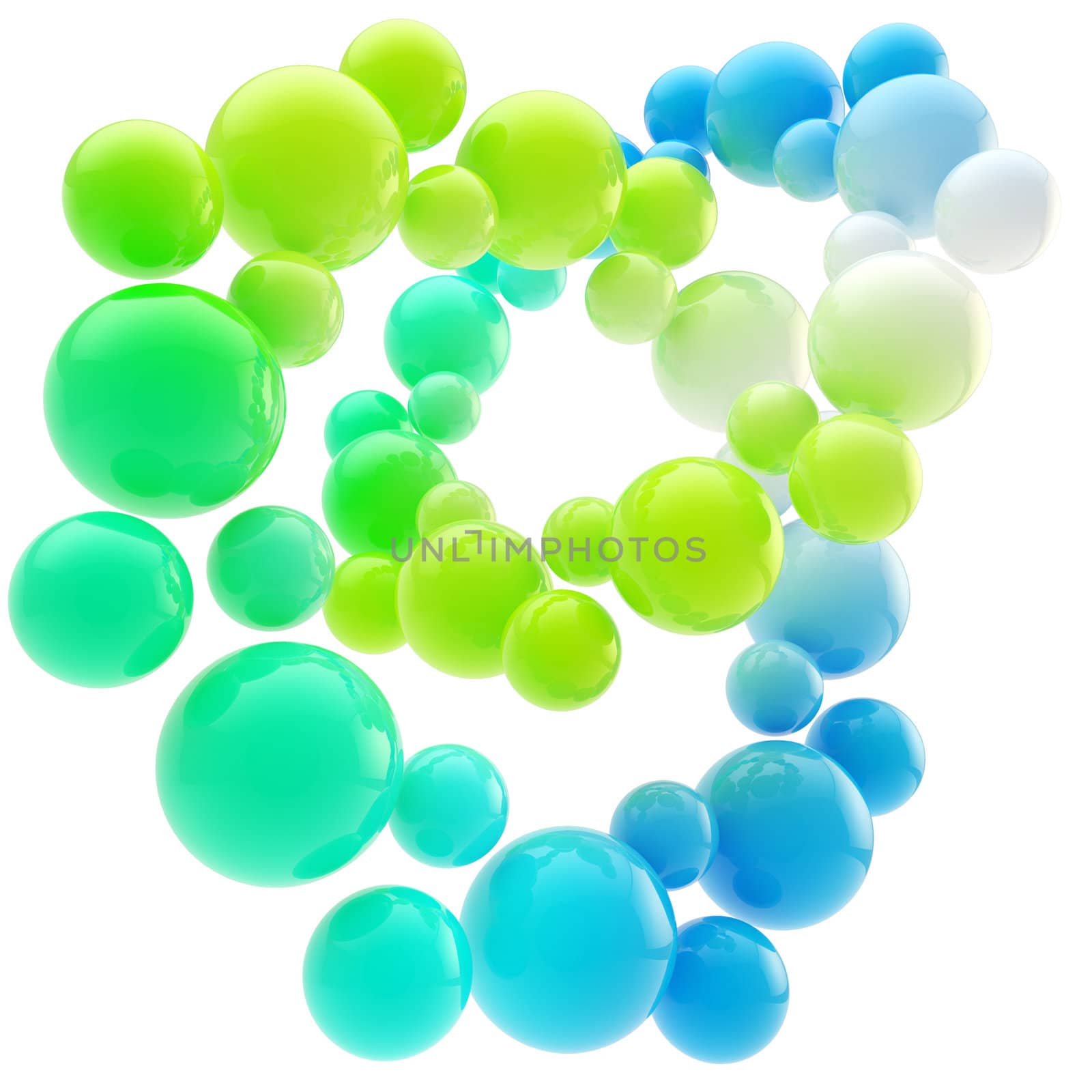 Abstract background made of colorful green and blue glossy spheres