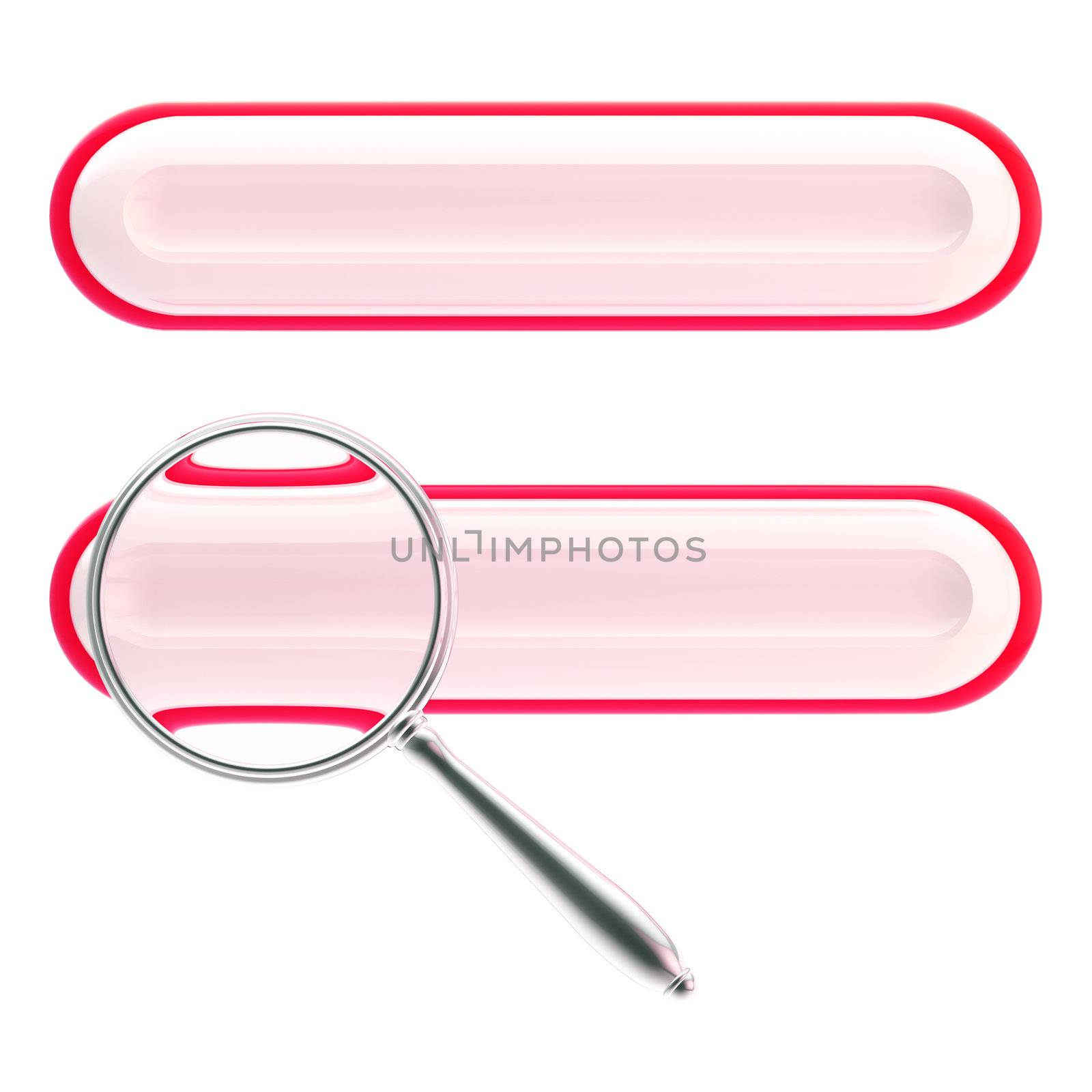 Search bar under the magnifier glossy red icon isolated on white