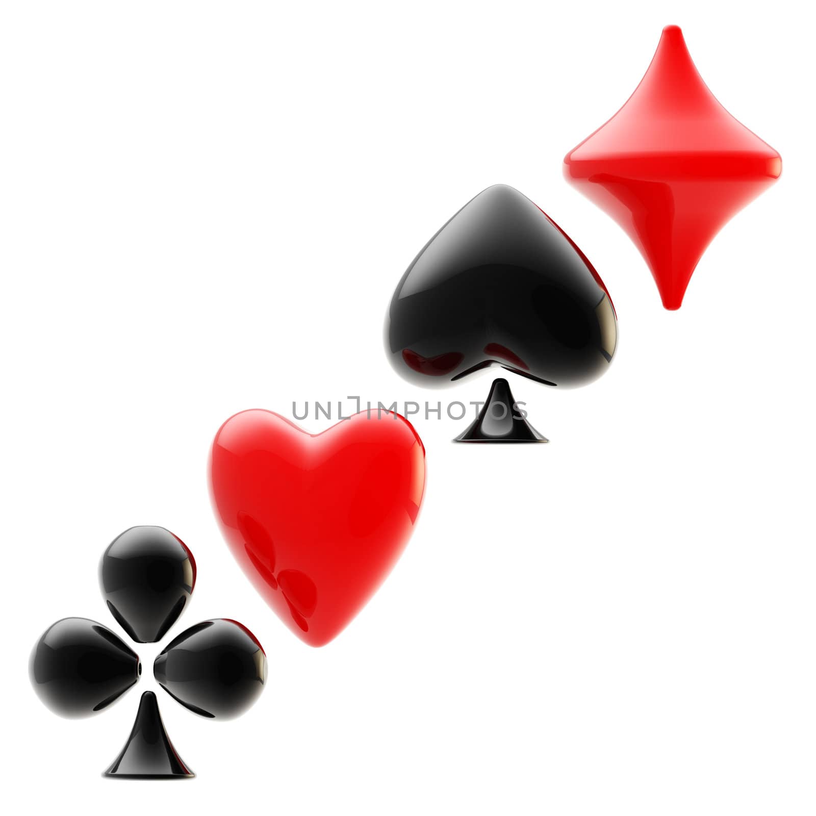 Gambling emblem made of glossy playing card suits isolated on white