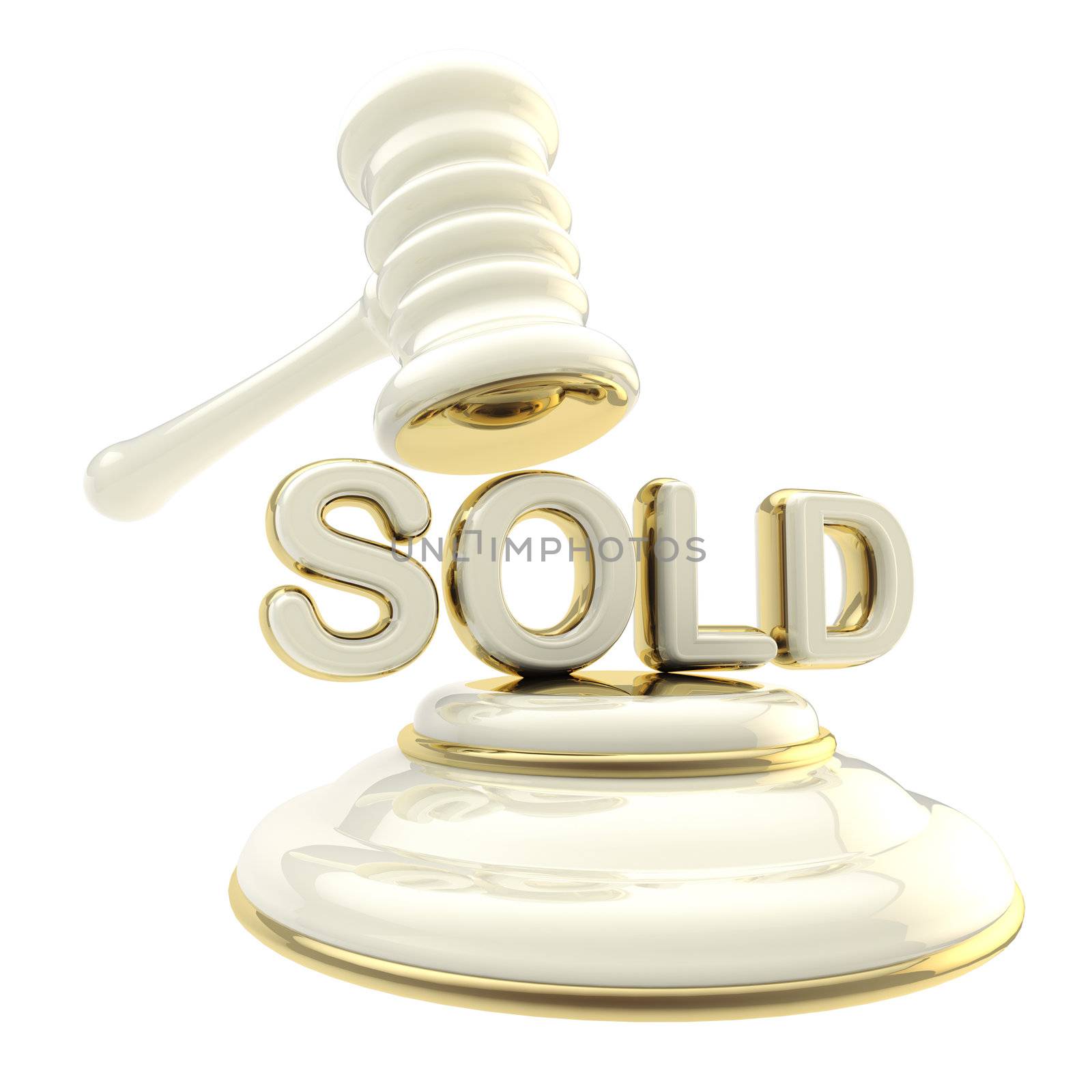 Auction: word "sold" under glossy white and golden gavel