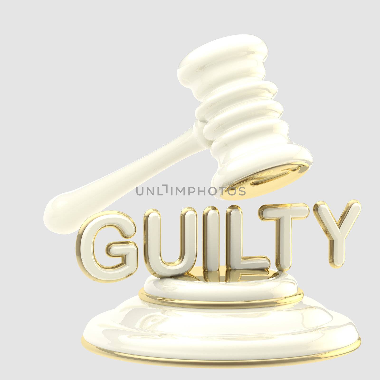 Word "guilty" under glossy white and golden judge's gavel