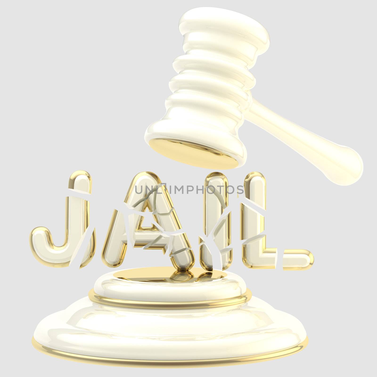 Word "Jail" under glossy white and golden judge's gavel